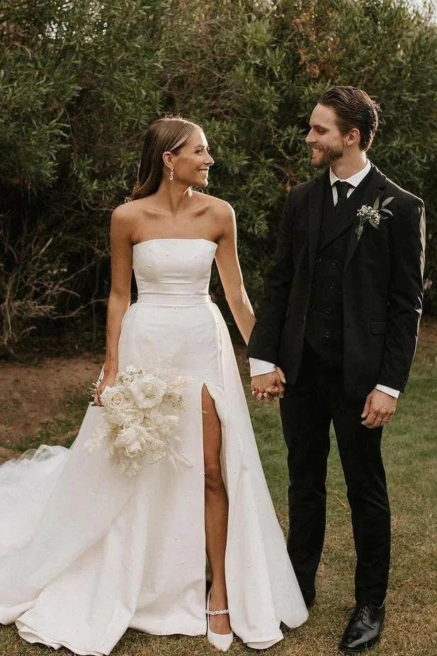 Modest Strapless Satin Detachable Tulle Wedding Dresses (ZD16148) - VelvetHem