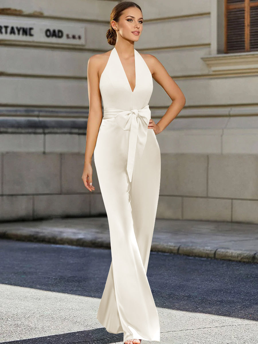 Mother of the Bride 2 Piece V Neck Sleeveless Pantsuit with Bow Belt Floor Length