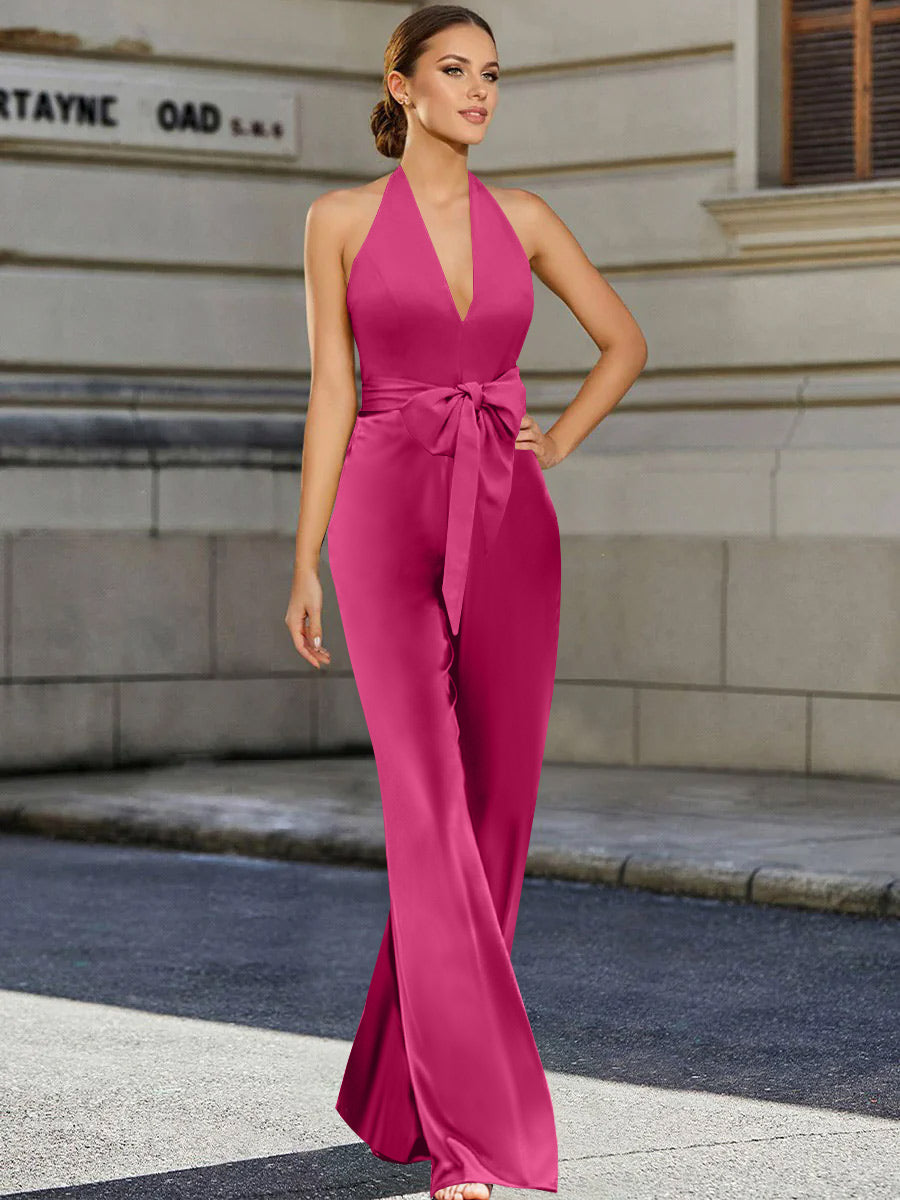 Mother of the Bride 2 Piece V Neck Sleeveless Pantsuit with Bow Belt Floor Length