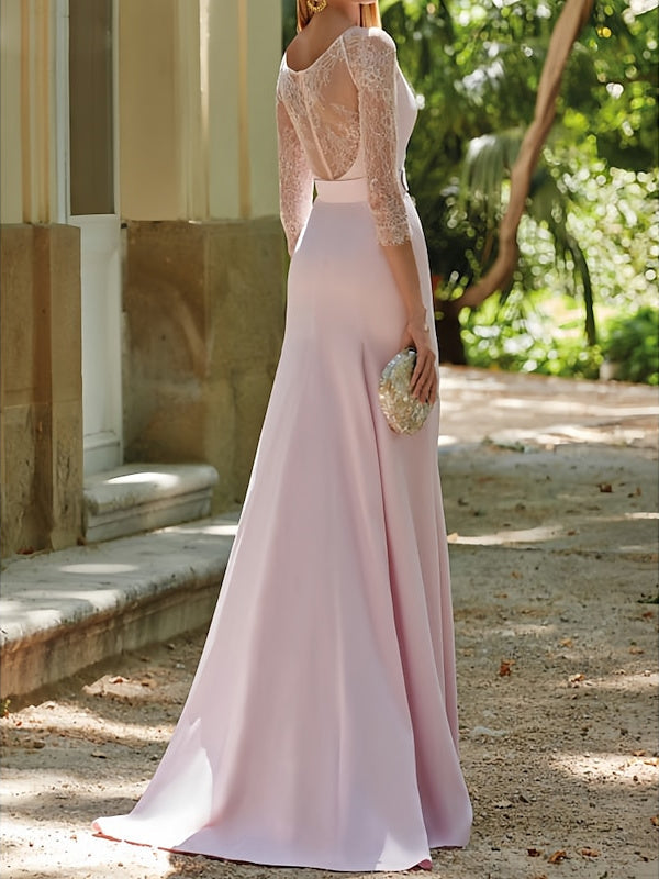 Mother of the Bride 3/4 Sleeve Trumpet Mermaid Dress with Sash and Sweep Brush Train