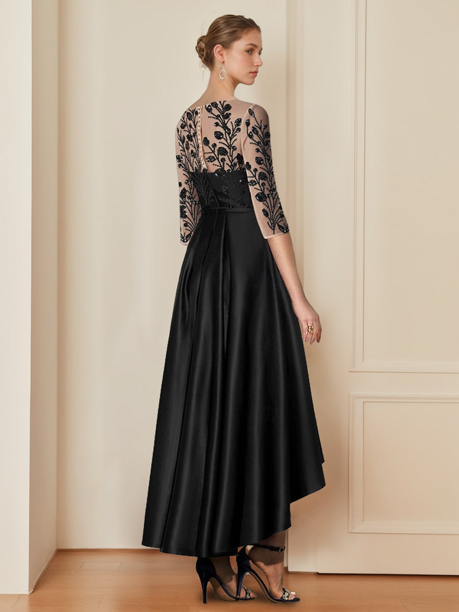 Mother of the Bride A Line Dress with Scoop Neck 3/4 Sleeves and Asymmetrical Appliques