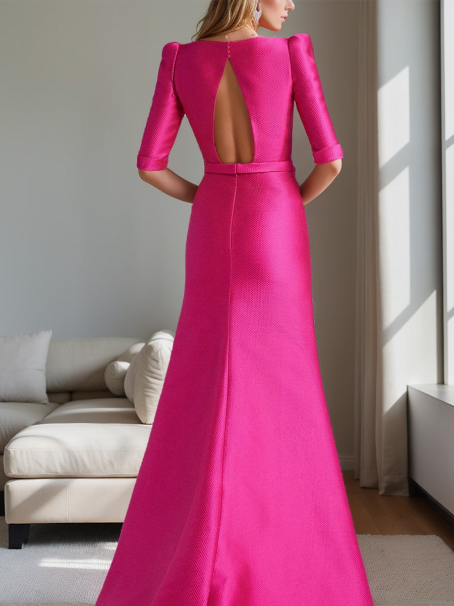 Mother of the Bride A Line Dress with Scoop Neck Half Sleeves and Bow Belt