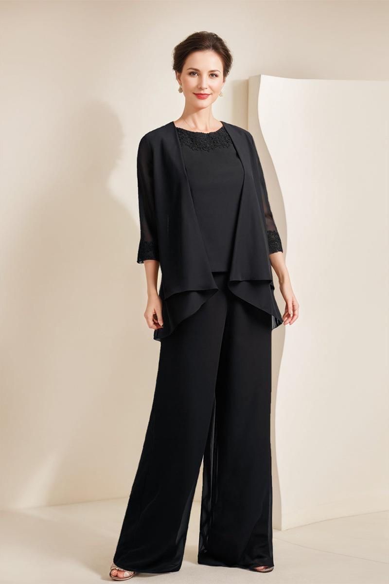Mother of the Bride Black Chiffon Pantsuit with 3/4 Sleeves Scoop Neck Appliques and Jacket