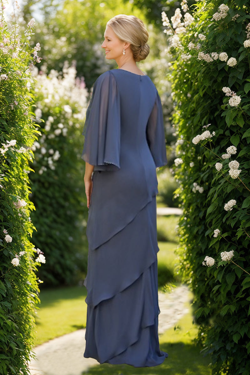 Mother of the Bride & Groom A Line Dress with Scoop Neck 3/4 Sleeves Rhinestones and Ruffles