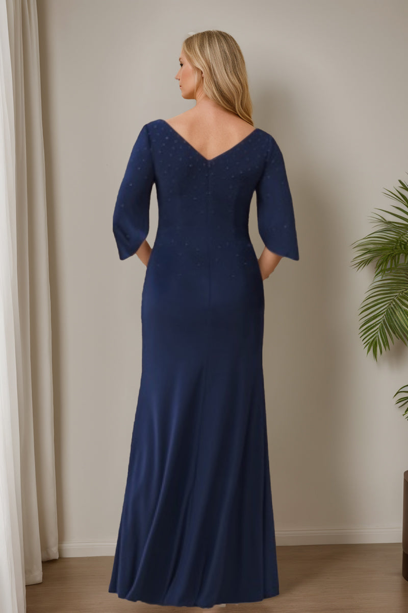 Mother of the Bride & Groom V Neck Trumpet Mermaid Dress with Half Sleeves High Split and Beading