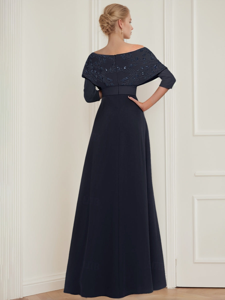 Mother of the Bride Off the Shoulder Pantsuit with 3/4 Sleeves Appliques and Belt
