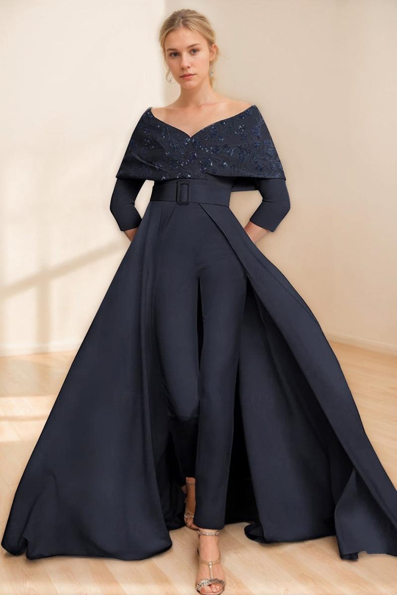Mother of the Bride Off the Shoulder Pantsuit with 3/4 Sleeves Appliques and Belt