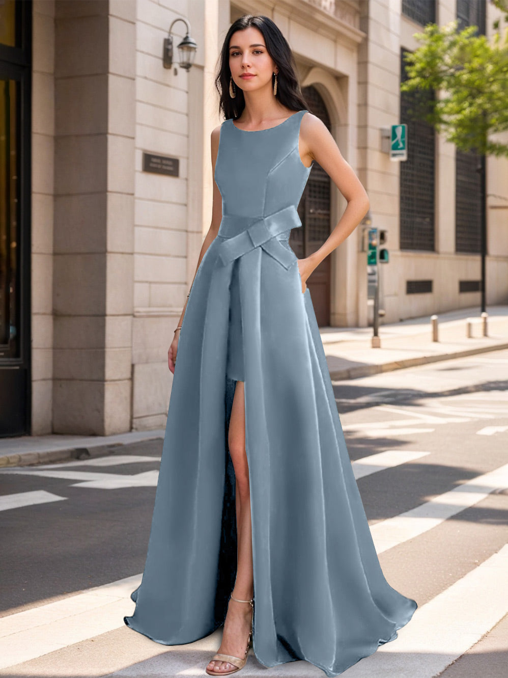 Mother of the Bride Scoop Neck A Line Dress with High Split and Bow