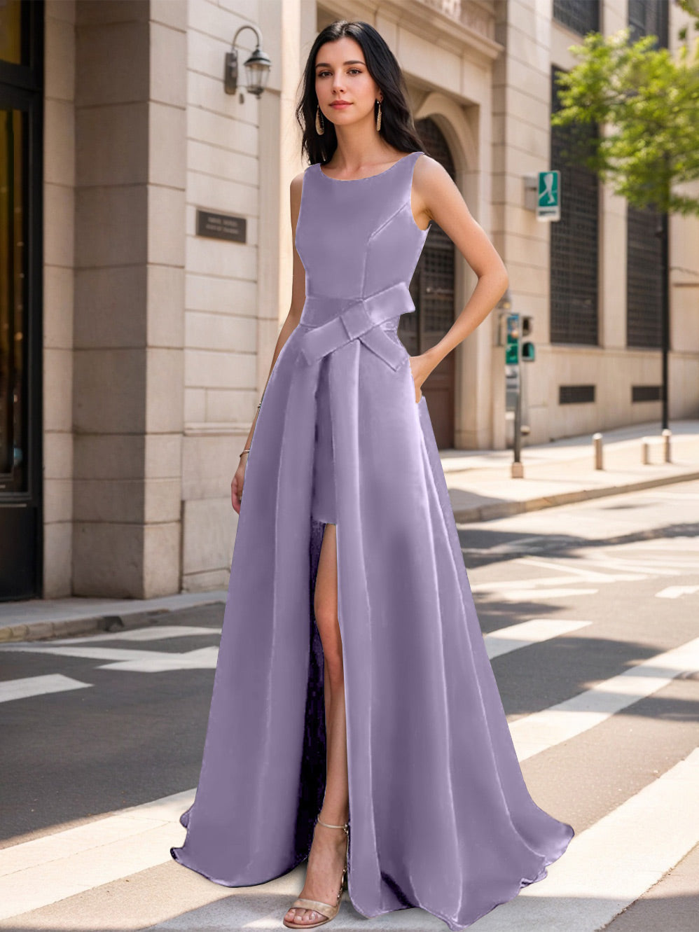 Mother of the Bride Scoop Neck A Line Dress with High Split and Bow