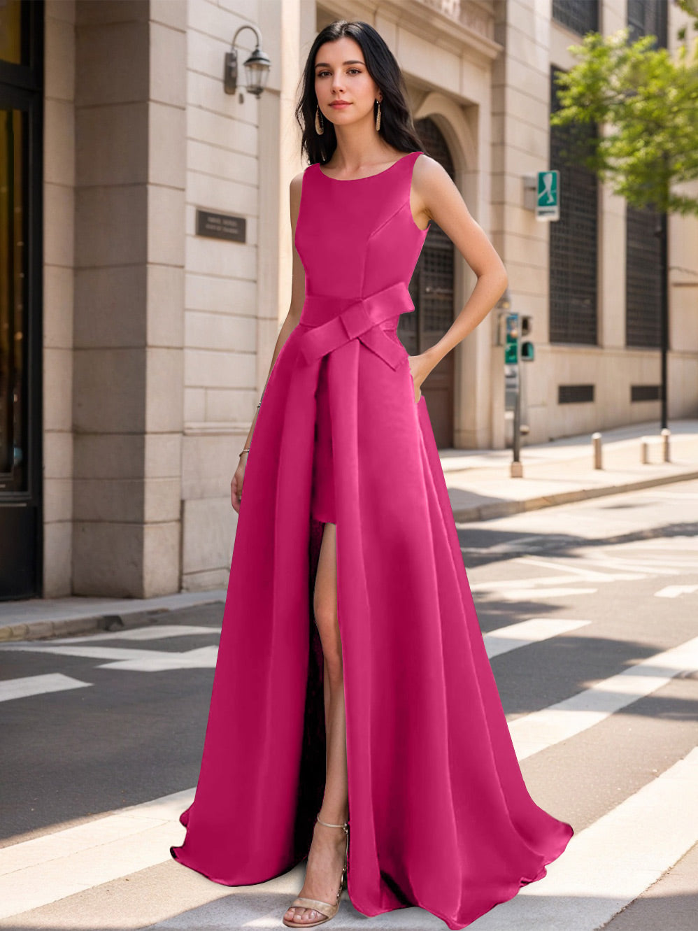 Mother of the Bride Scoop Neck A Line Dress with High Split and Bow
