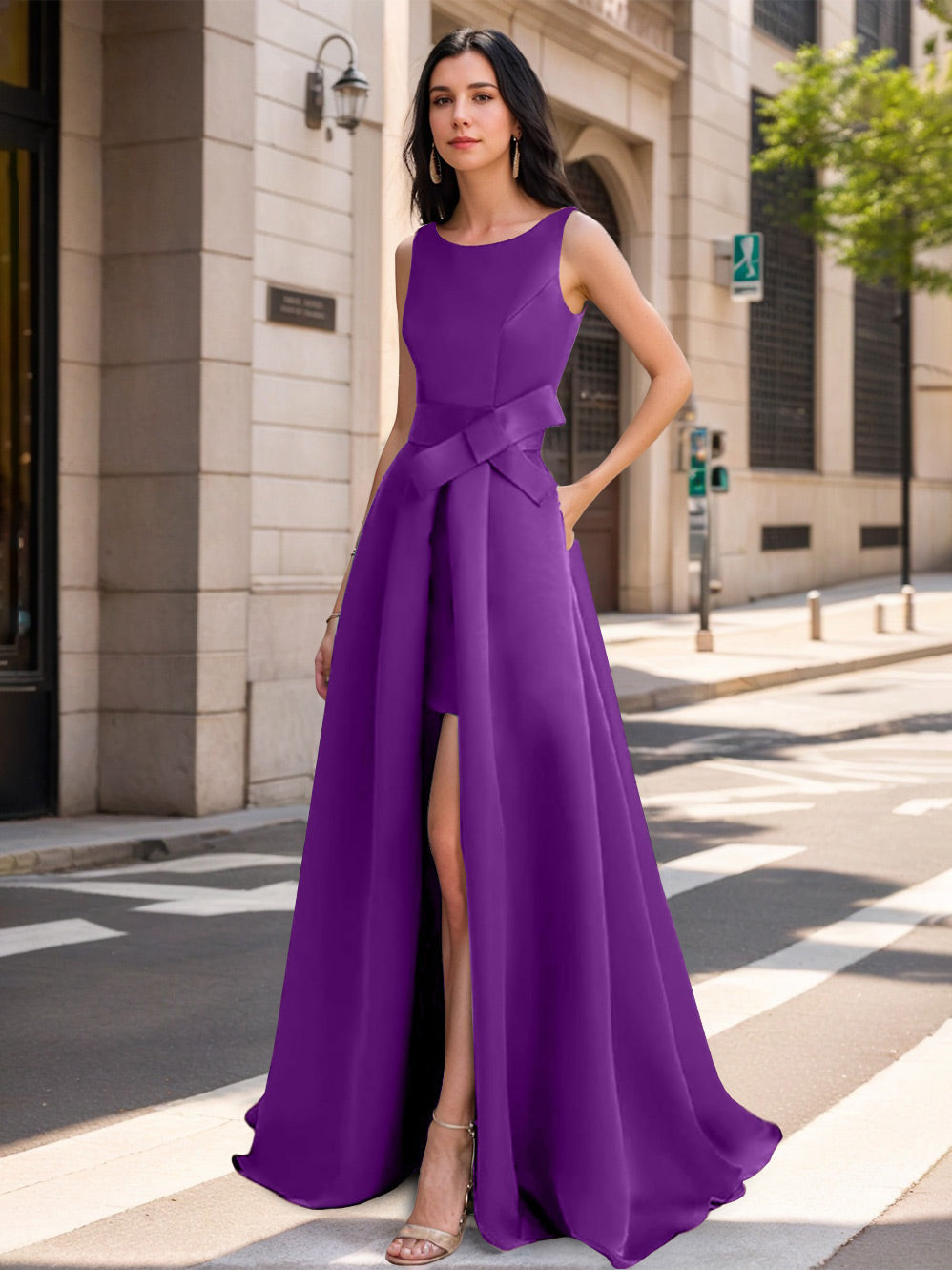 Mother of the Bride Scoop Neck A Line Dress with High Split and Bow