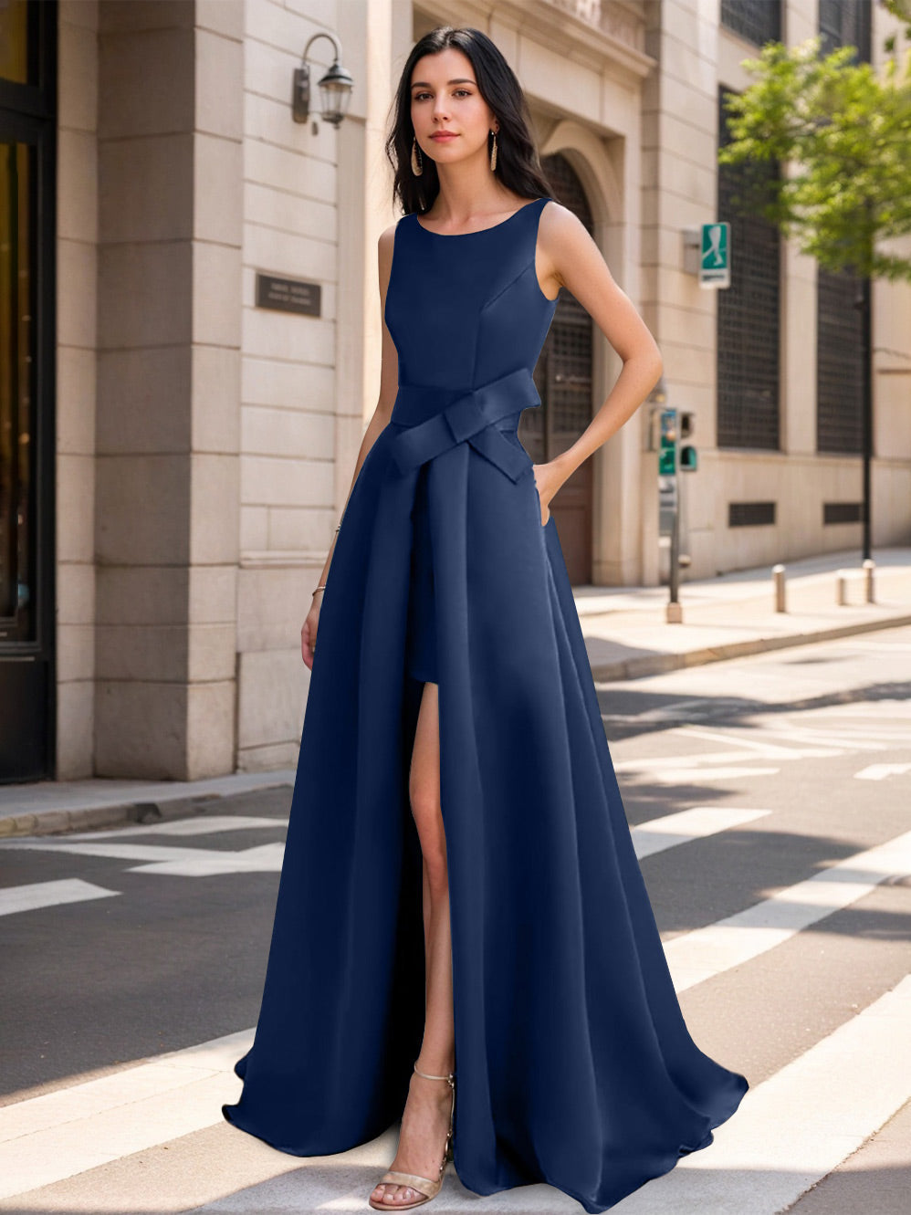 Mother of the Bride Scoop Neck A Line Dress with High Split and Bow