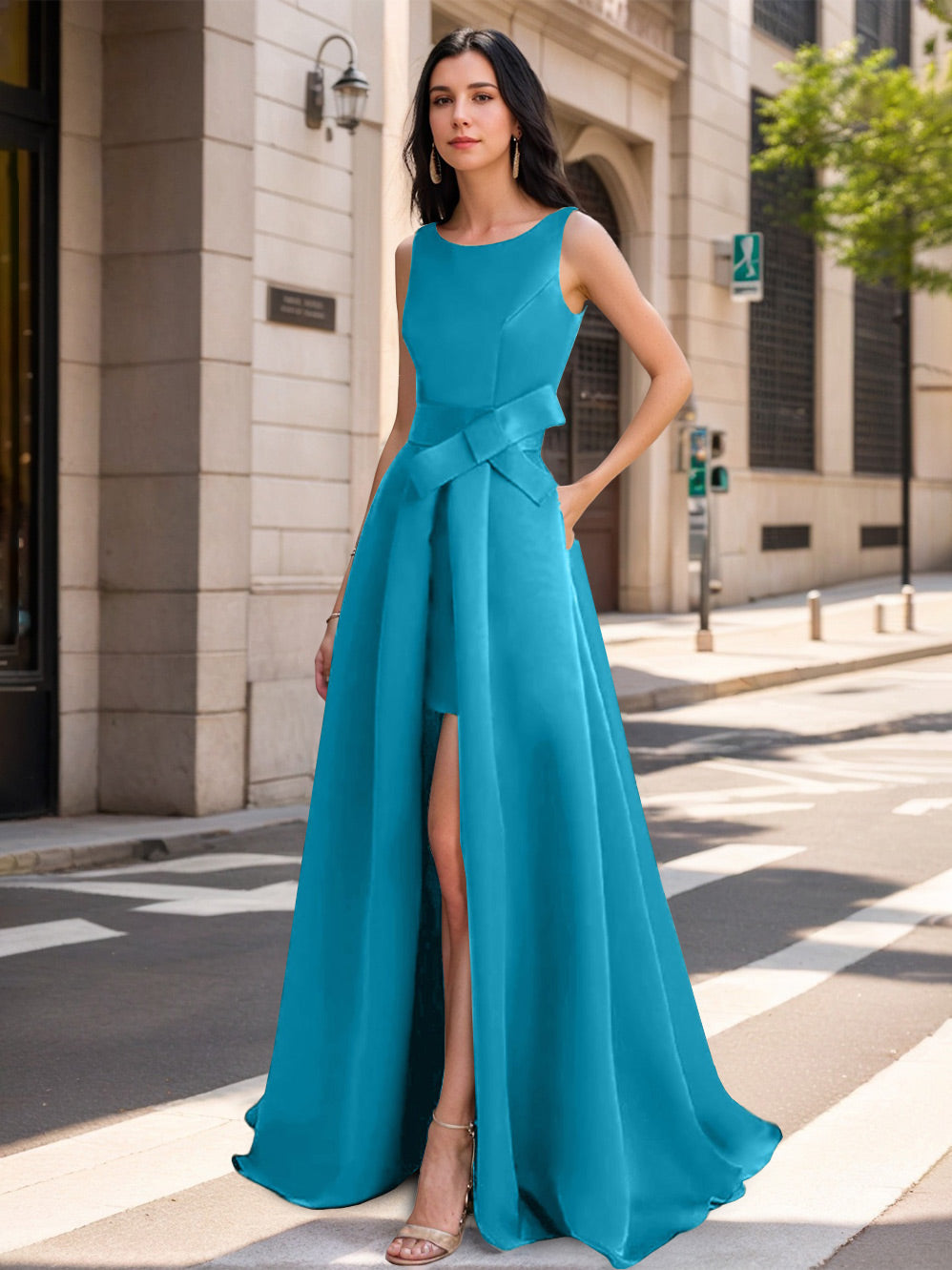Mother of the Bride Scoop Neck A Line Dress with High Split and Bow