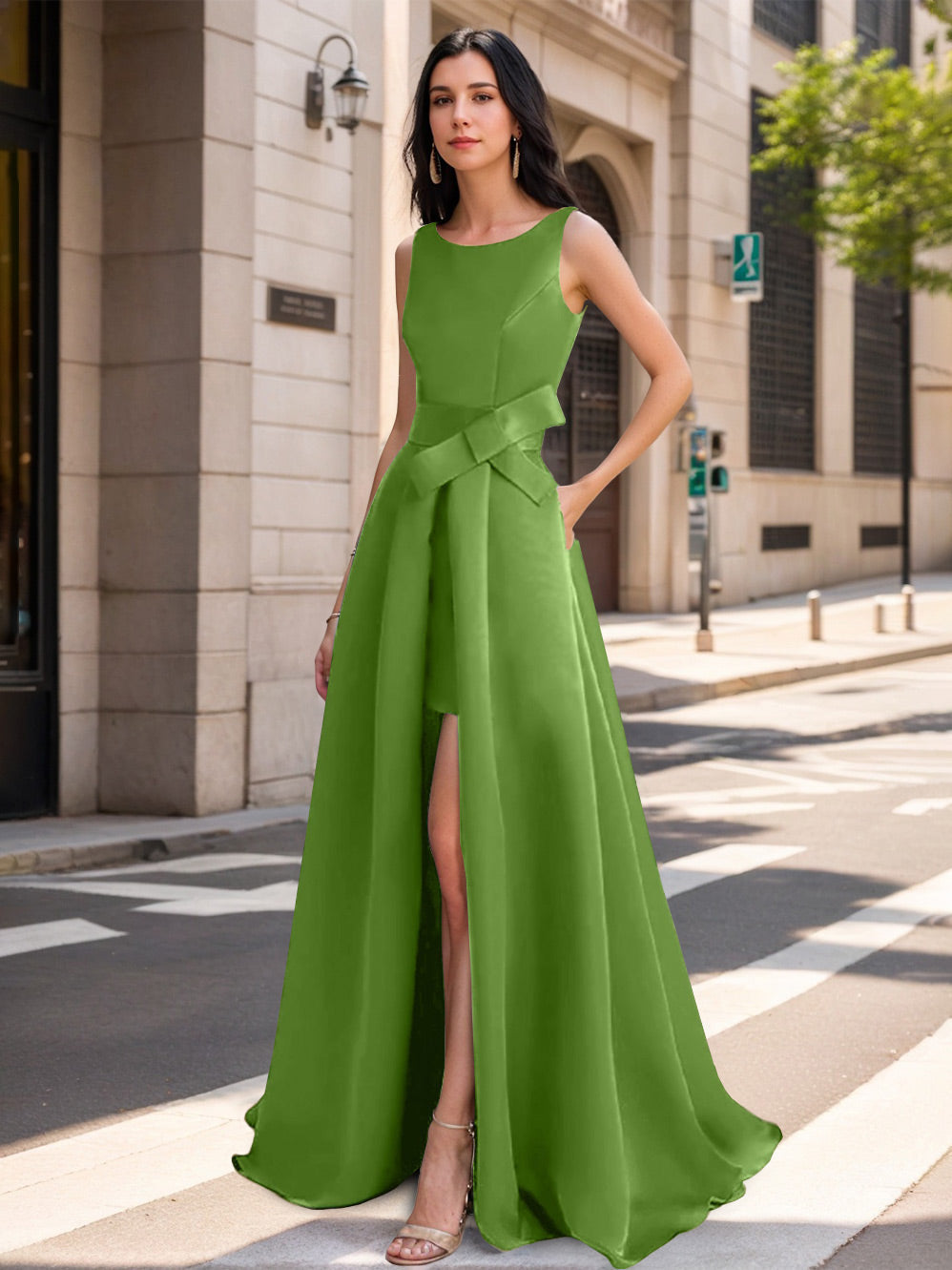Mother of the Bride Scoop Neck A Line Dress with High Split and Bow