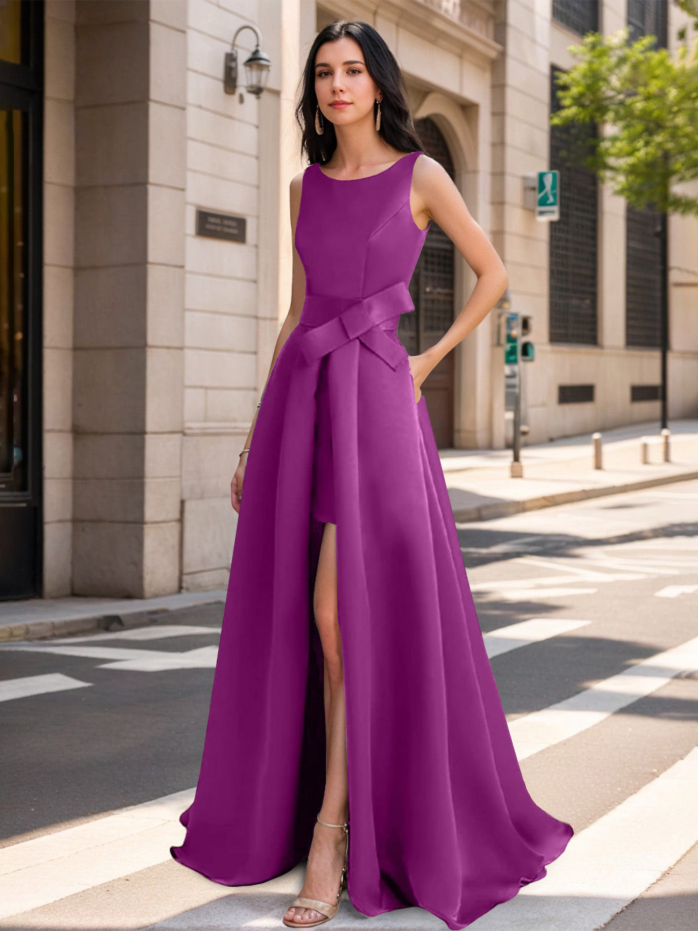 Mother of the Bride Scoop Neck A Line Dress with High Split and Bow