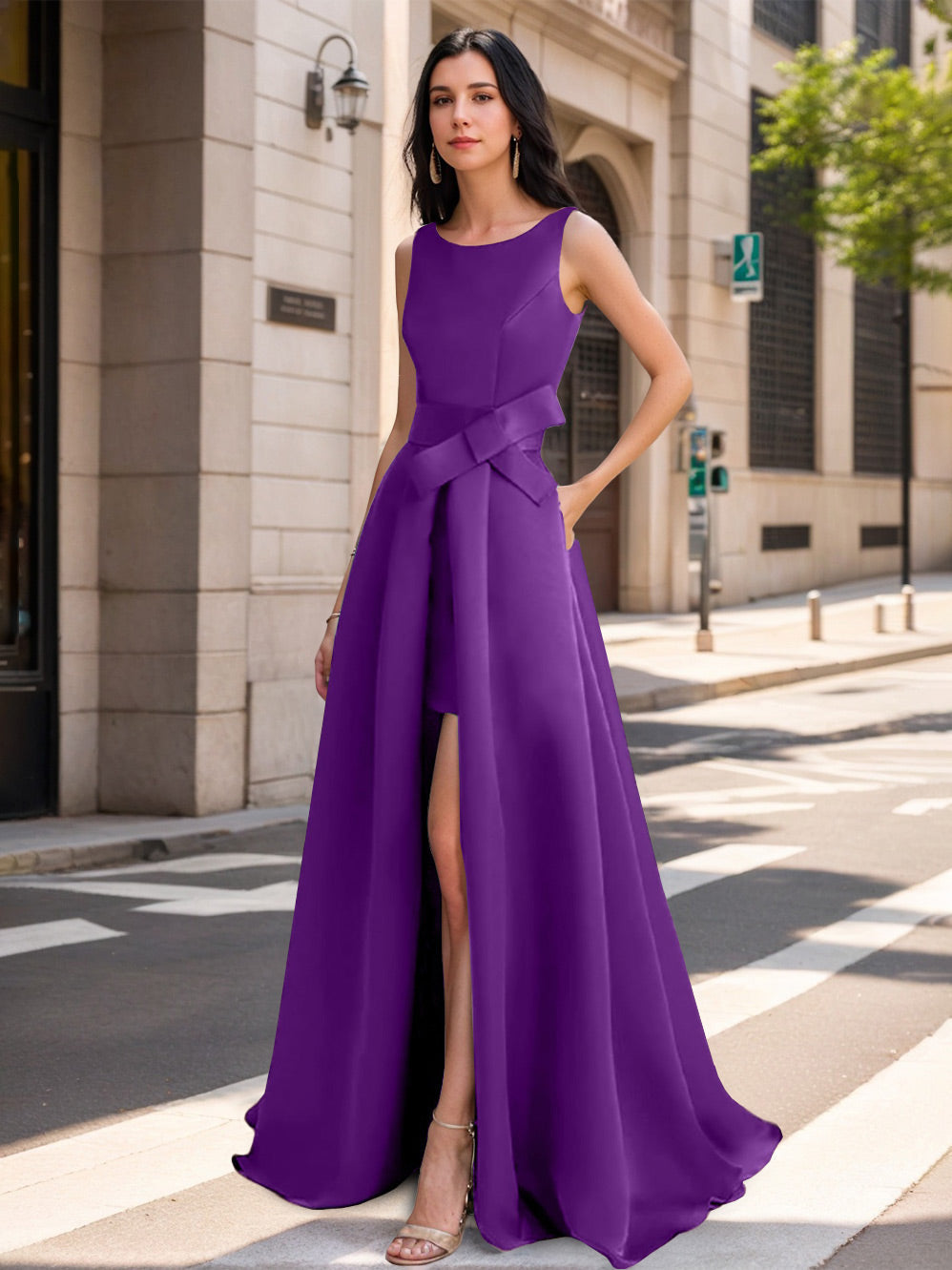 Mother of the Bride Scoop Neck A Line Dress with High Split and Bow
