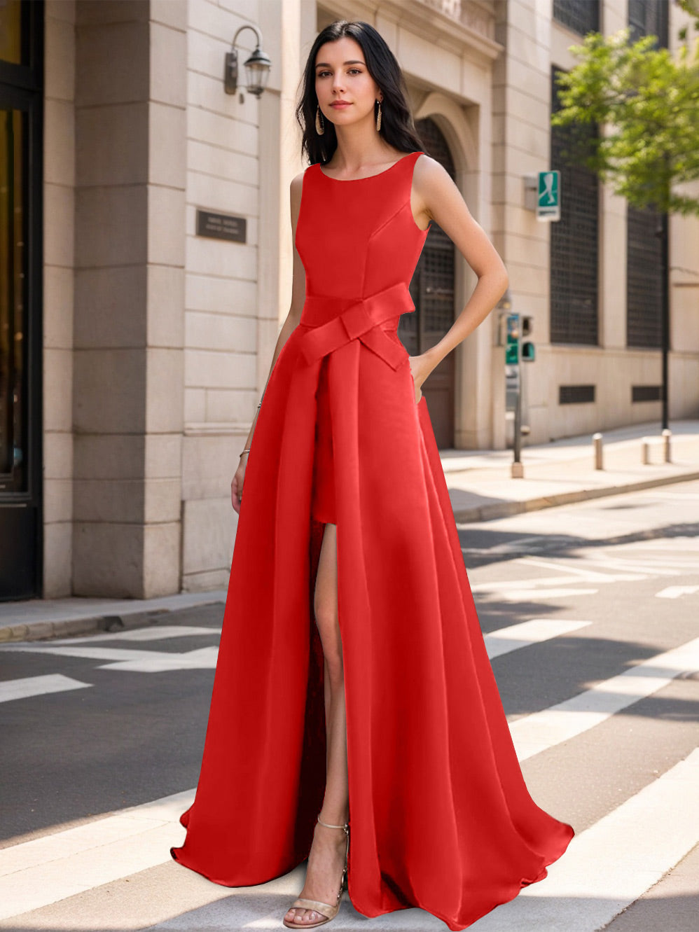 Mother of the Bride Scoop Neck A Line Dress with High Split and Bow