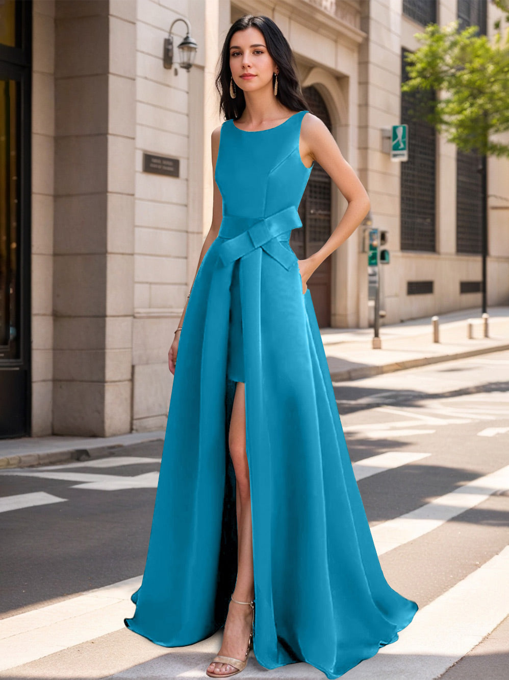 Mother of the Bride Scoop Neck A Line Dress with High Split and Bow