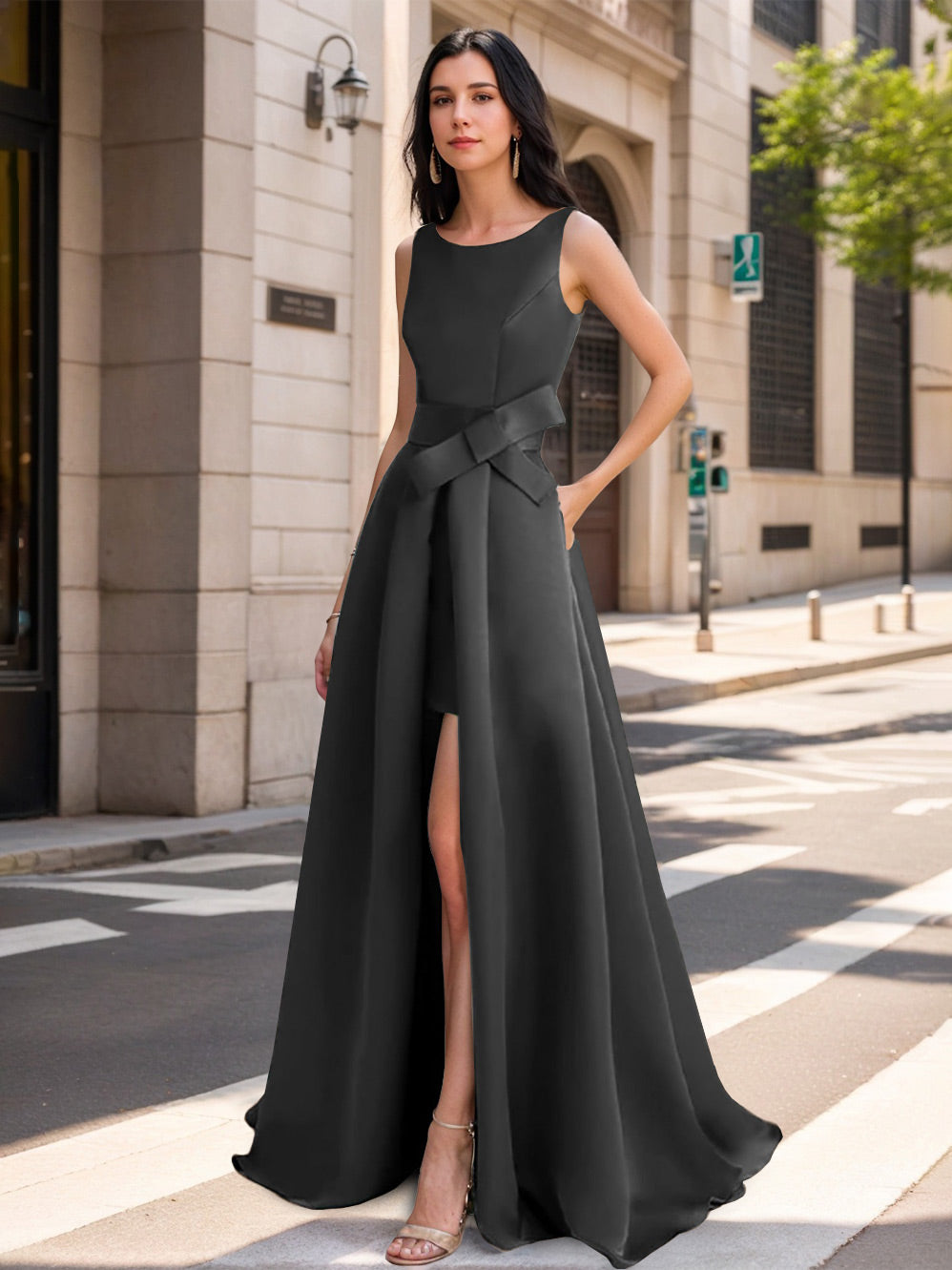 Mother of the Bride Scoop Neck A Line Dress with High Split and Bow