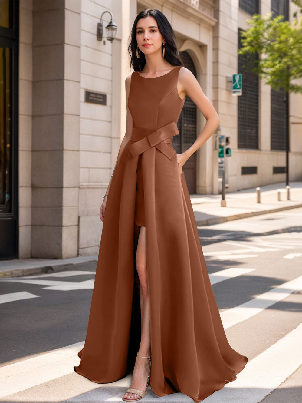 Mother of the Bride Scoop Neck A Line Dress with High Split and Bow