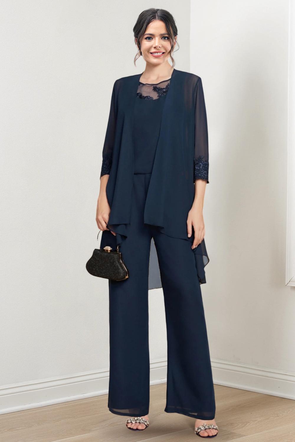 Mother of the Bride Scoop Neck Chiffon Pantsuit with Jacket