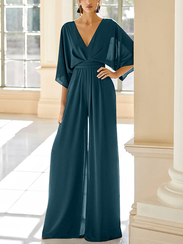 Mother of the Bride V Neck Chiffon Pantsuit Featuring Pockets