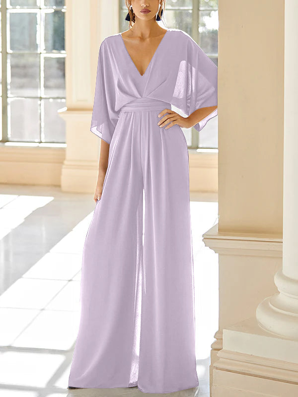 Mother of the Bride V Neck Chiffon Pantsuit Featuring Pockets