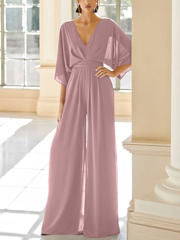 Mother of the Bride V Neck Chiffon Pantsuit Featuring Pockets