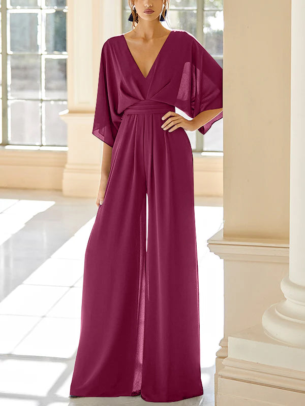 Mother of the Bride V Neck Chiffon Pantsuit Featuring Pockets