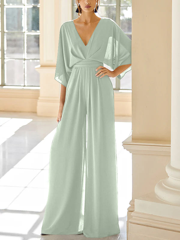 Mother of the Bride V Neck Chiffon Pantsuit Featuring Pockets