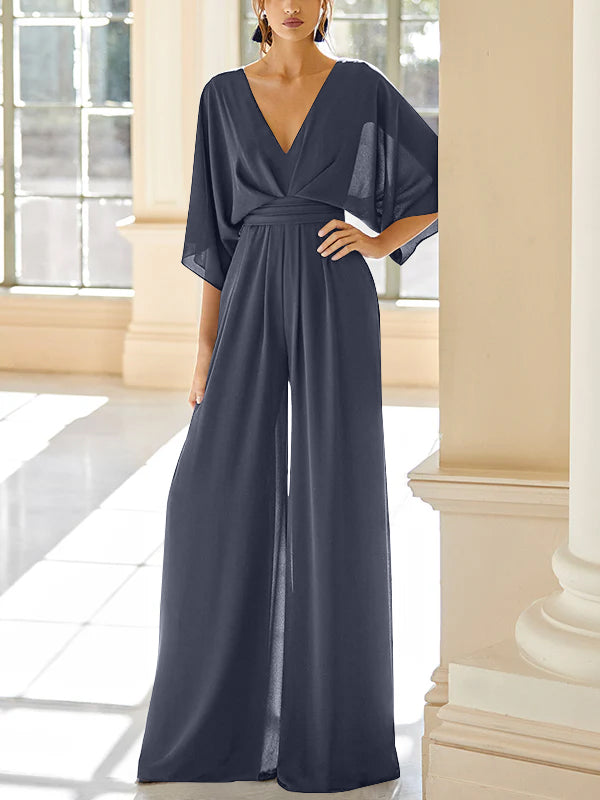 Mother of the Bride V Neck Chiffon Pantsuit Featuring Pockets