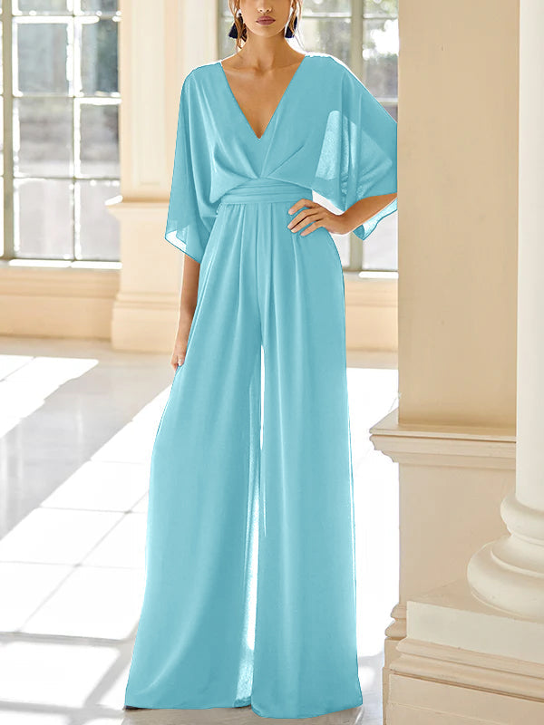 Mother of the Bride V Neck Chiffon Pantsuit Featuring Pockets