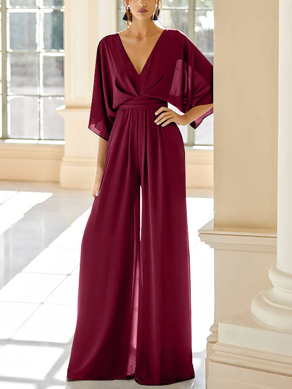 Mother of the Bride V Neck Chiffon Pantsuit Featuring Pockets
