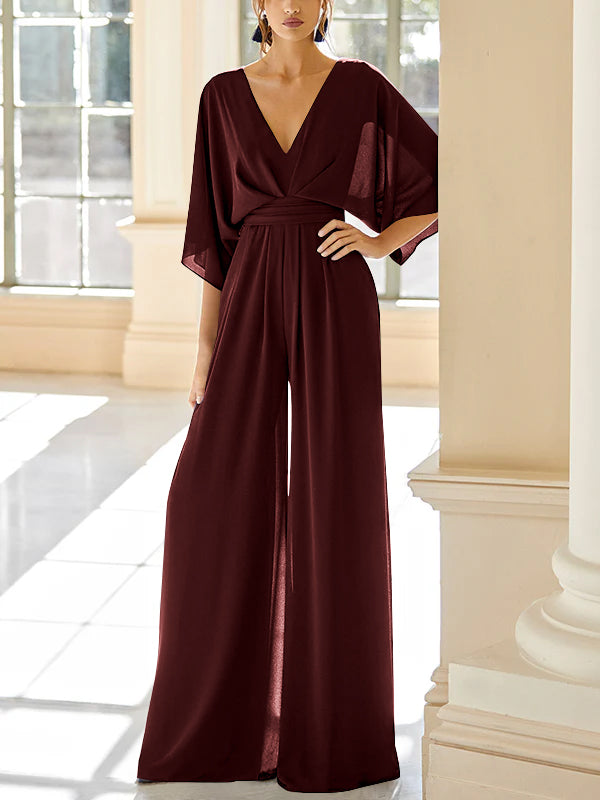 Mother of the Bride V Neck Chiffon Pantsuit Featuring Pockets