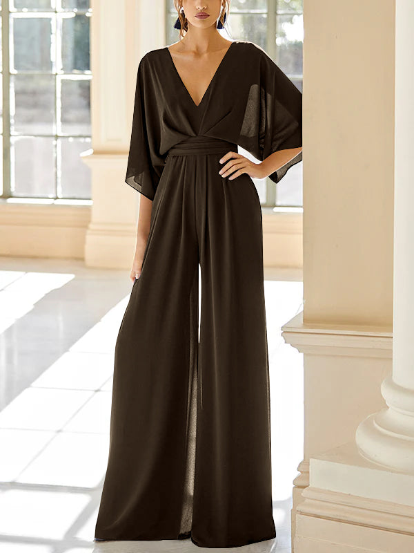 Mother of the Bride V Neck Chiffon Pantsuit Featuring Pockets