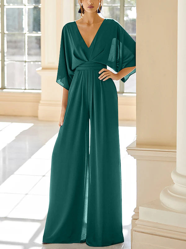 Mother of the Bride V Neck Chiffon Pantsuit Featuring Pockets