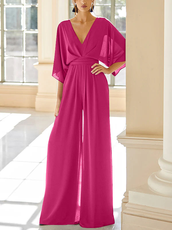 Mother of the Bride V Neck Chiffon Pantsuit Featuring Pockets