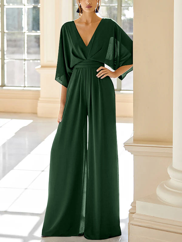 Mother of the Bride V Neck Chiffon Pantsuit Featuring Pockets