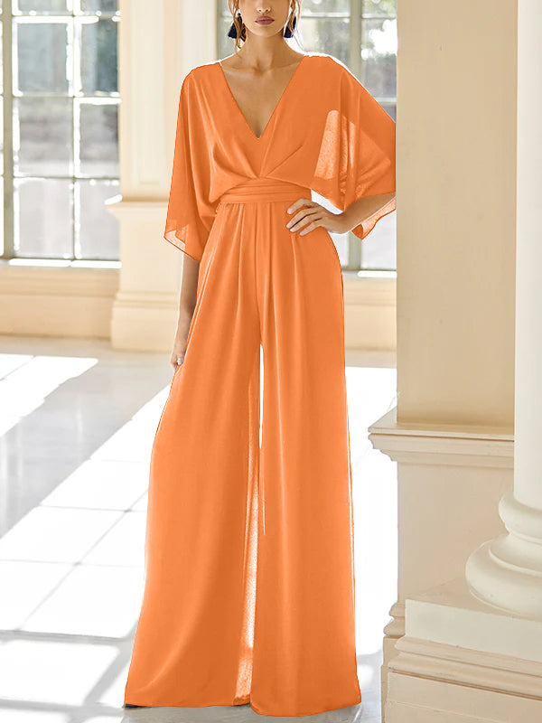 Mother of the Bride V Neck Chiffon Pantsuit Featuring Pockets