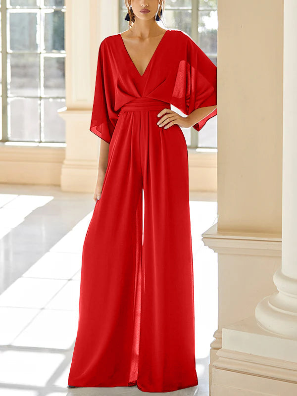 Mother of the Bride V Neck Chiffon Pantsuit Featuring Pockets