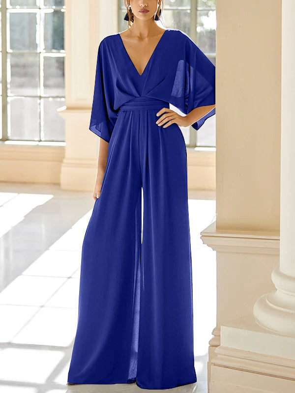 Mother of the Bride V Neck Chiffon Pantsuit Featuring Pockets