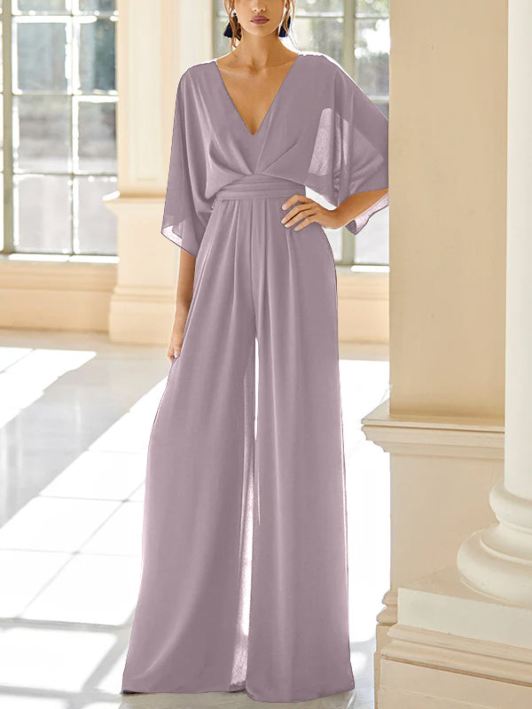 Mother of the Bride V Neck Chiffon Pantsuit Featuring Pockets