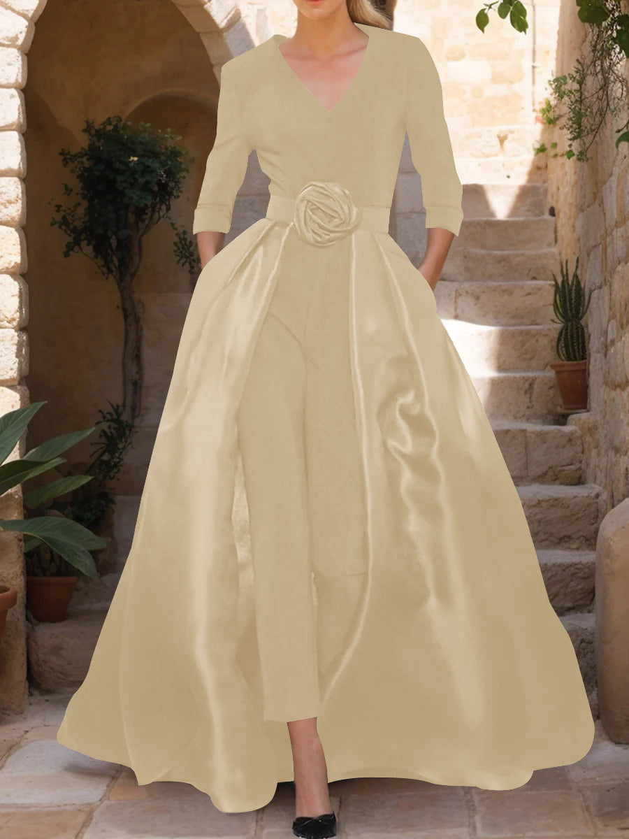 Mother of the Bride V Neck Pantsuit with 3/4 Sleeves and Flower Belt