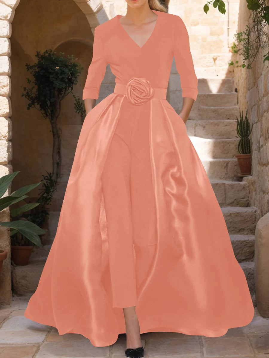 Mother of the Bride V Neck Pantsuit with 3/4 Sleeves and Flower Belt