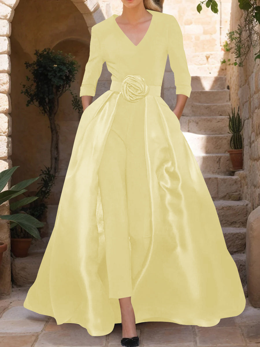 Mother of the Bride V Neck Pantsuit with 3/4 Sleeves and Flower Belt