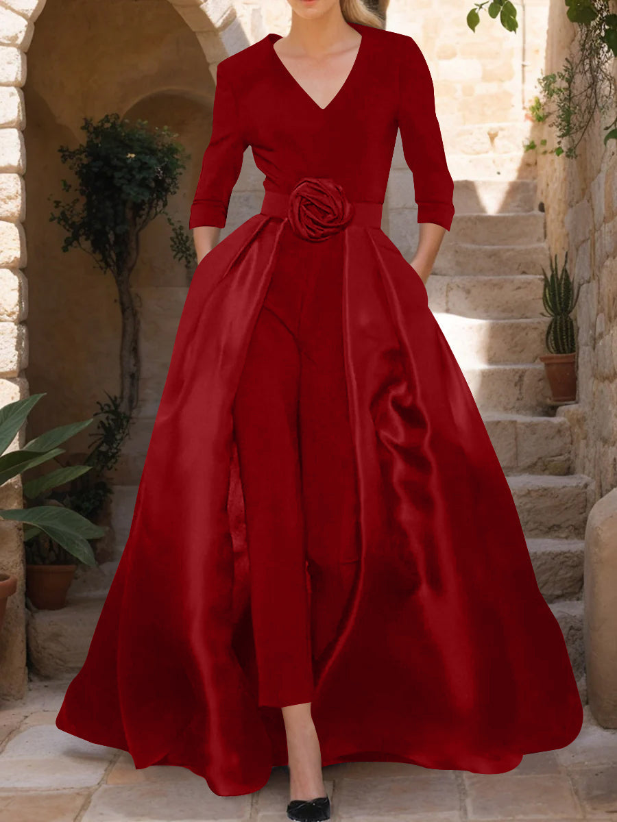 Mother of the Bride V Neck Pantsuit with 3/4 Sleeves and Flower Belt