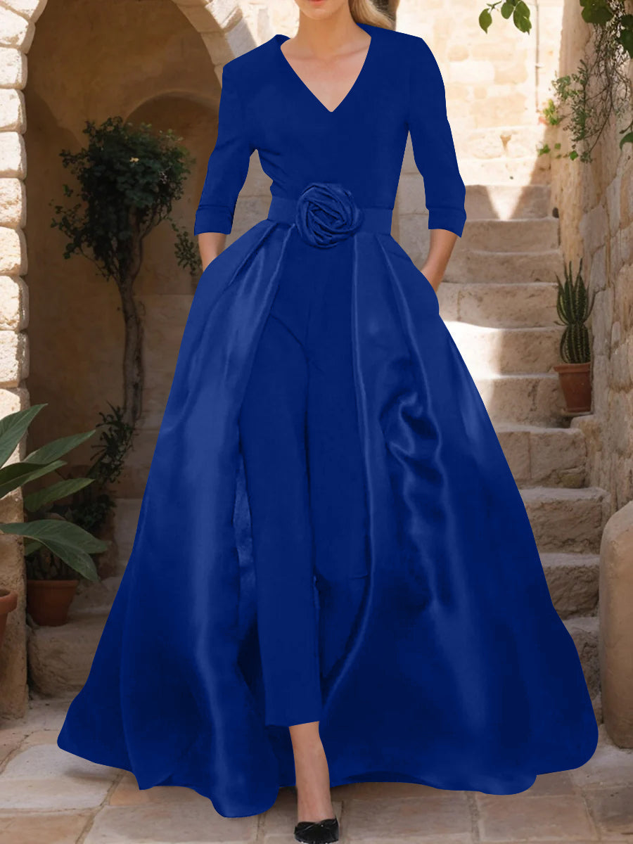 Mother of the Bride V Neck Pantsuit with 3/4 Sleeves and Flower Belt