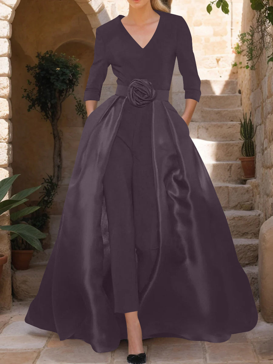 Mother of the Bride V Neck Pantsuit with 3/4 Sleeves and Flower Belt