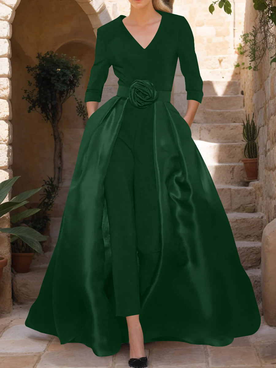 Mother of the Bride V Neck Pantsuit with 3/4 Sleeves and Flower Belt