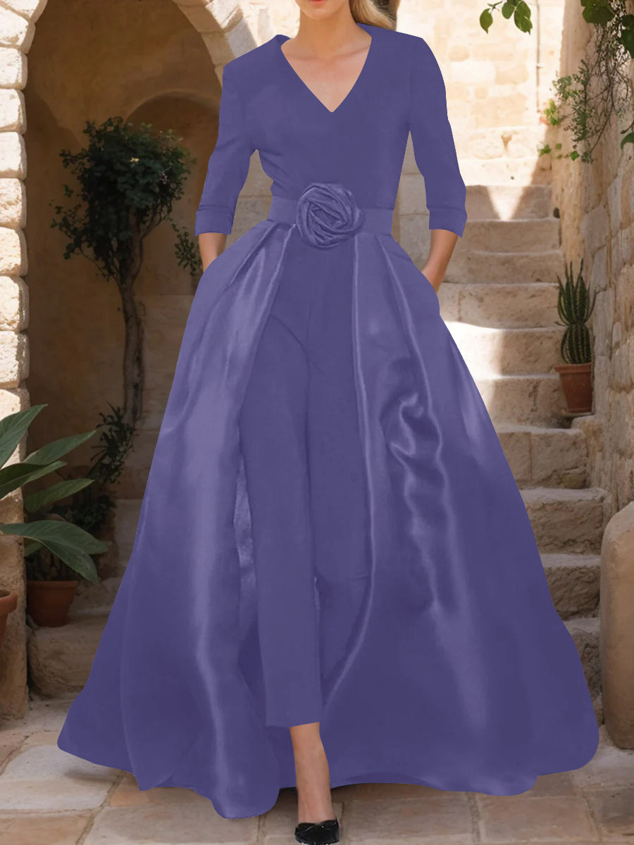 Mother of the Bride V Neck Pantsuit with 3/4 Sleeves and Flower Belt